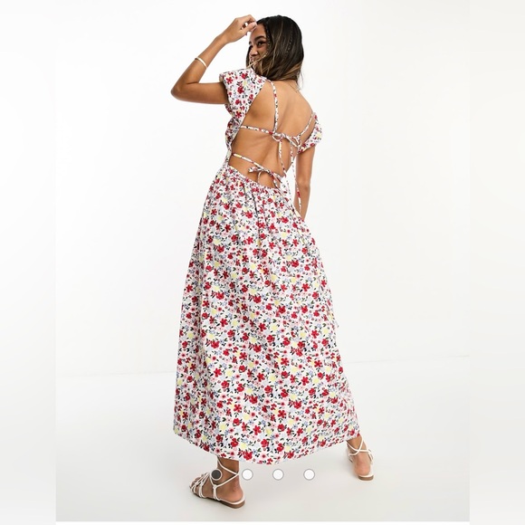 ASOS DESIGN milkmaid ruched bust midi dress with open tie back in floral print - Picture 2 of 8